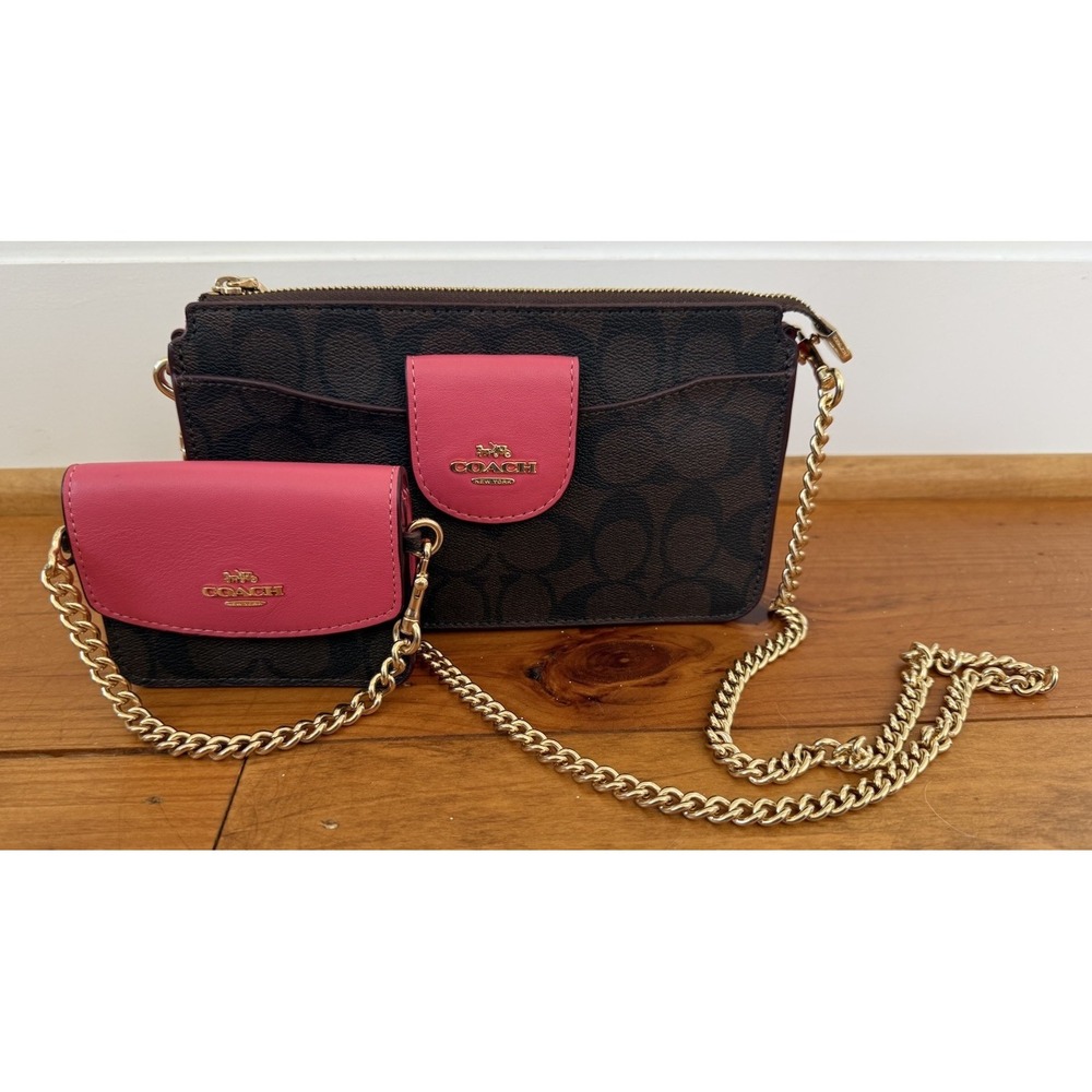Coach C3328 Poppy Crossbody & Card Case Signature Canvas Brown & Watermelon Pink